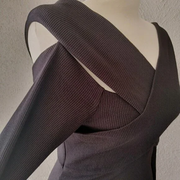 NWT L'Agence Black Fantina Dress Rib Knit Off The Shoulder in Size L